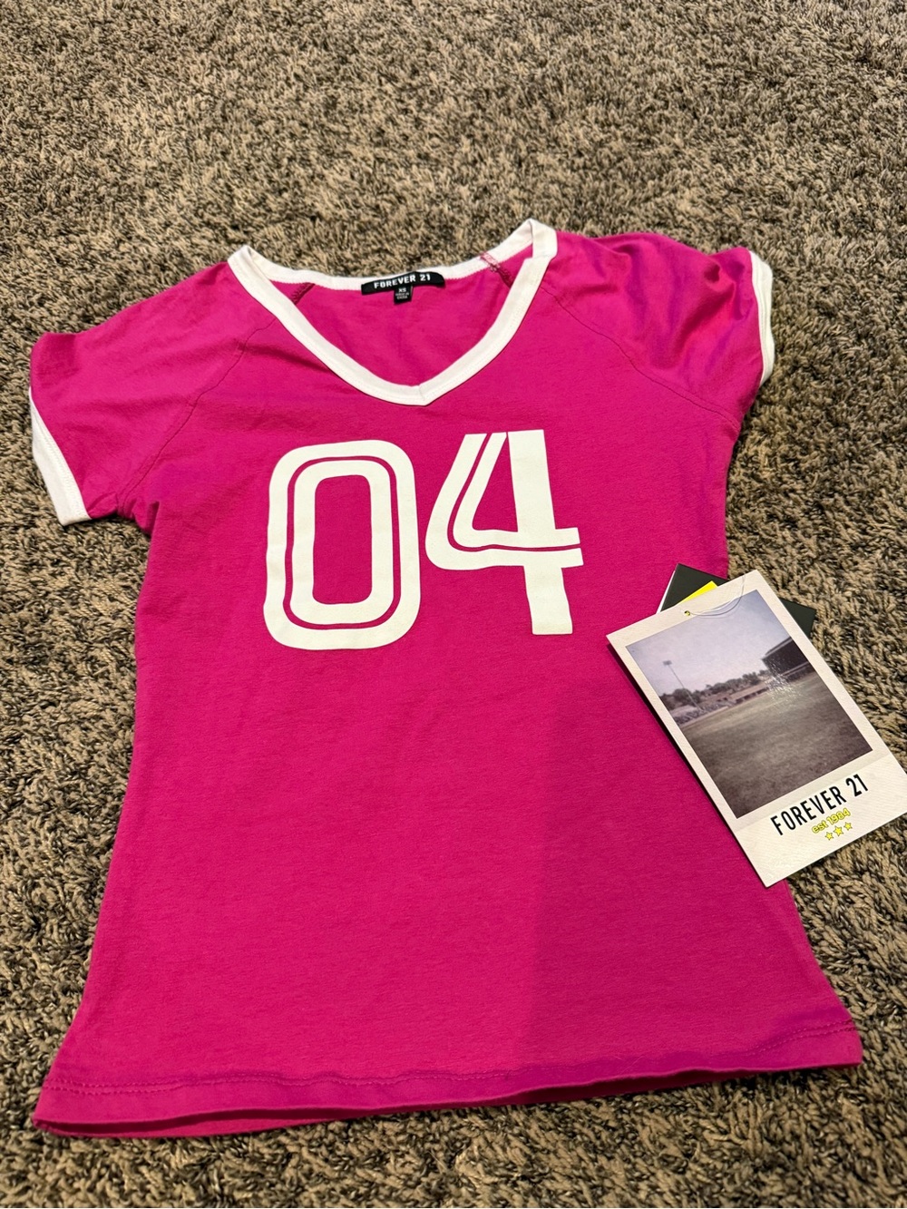 Forever 21 Hot Pink Short Sleeve V‑Neck Tee with White '04' Graphic